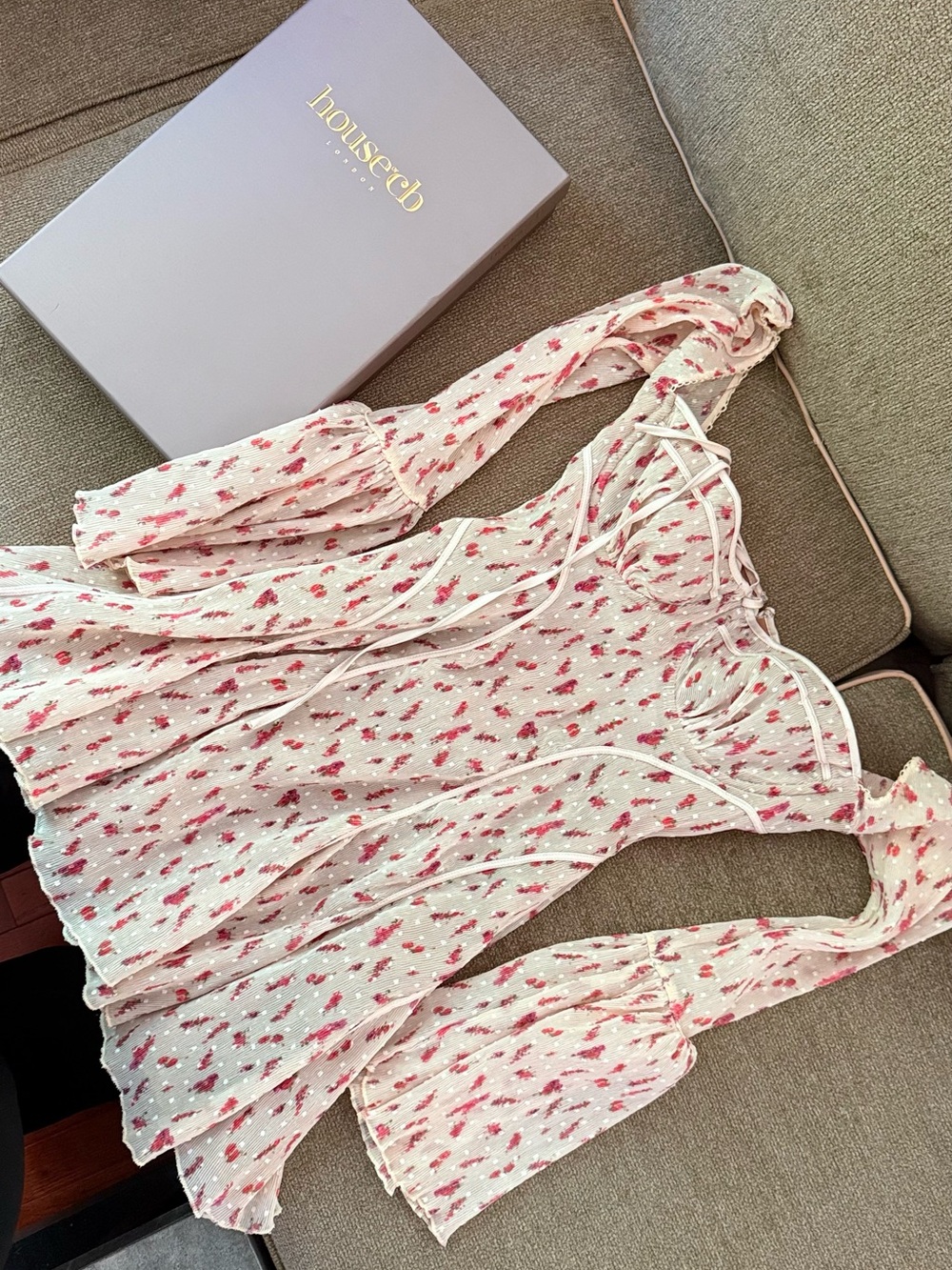 House of CB Pink and White Mini Dress with Red Floral Print